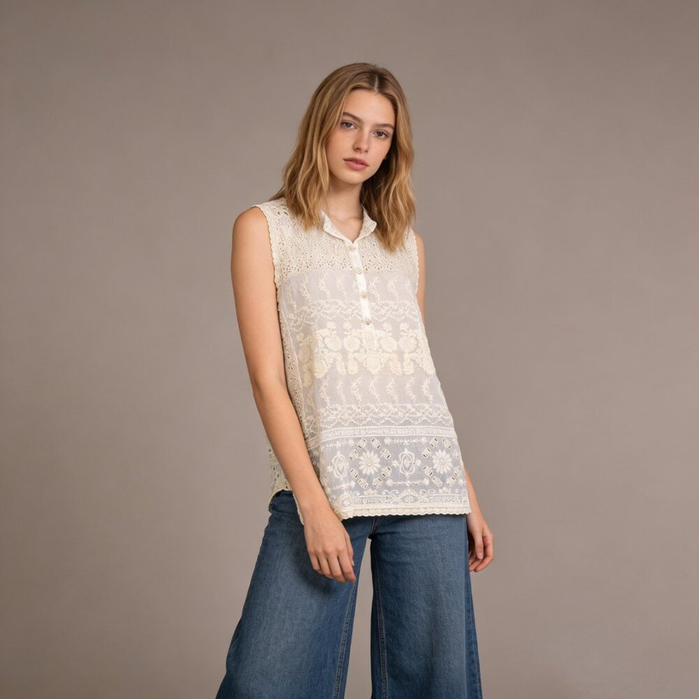 NWOT Johnny Was Floral Embroidered Sleeveless Tank Top Ivory Size S